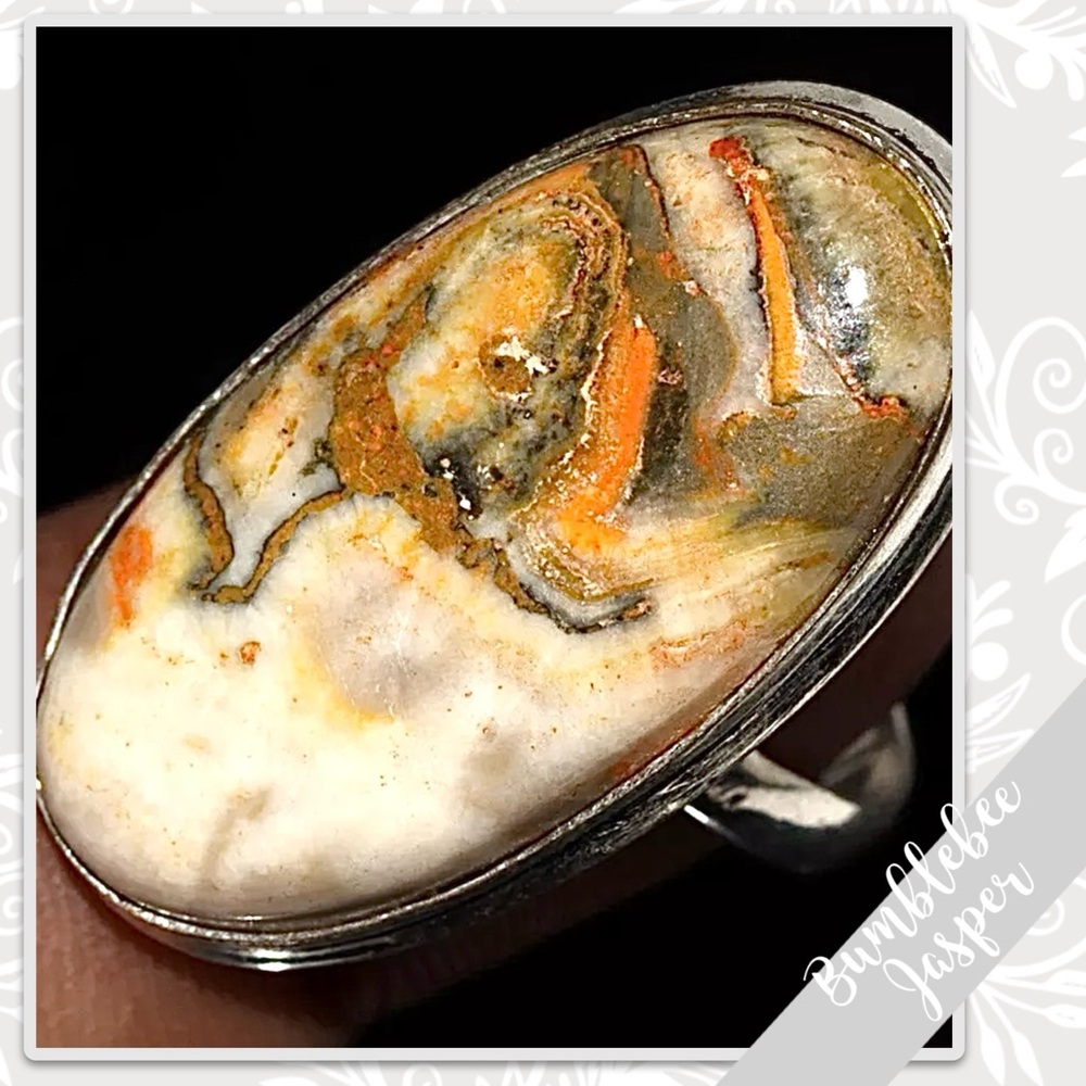 Bumblebee Jasper Large Silver Artisan Ring, Size 9 Gold / Yellow, Orange, Taupe - Picture 2 of 7